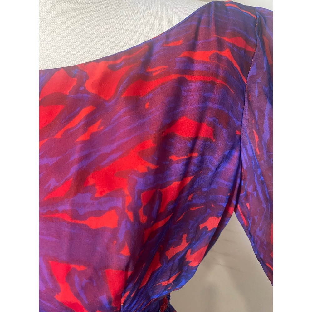 Vintage 60's Silk Chiffon Beaded Dress Blue Red Abstract Print Cocktail S - Picture 9 of 9